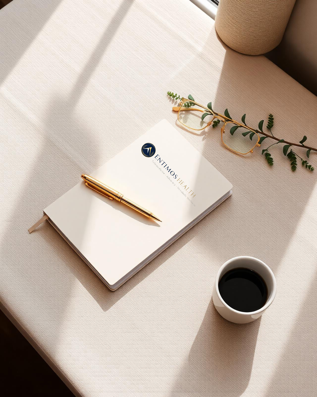 A quiet desk with notebook, gold pen, glasses and coffee in warm morning light